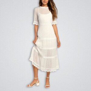 Lulu’s Dreaming of You White Swiss Dots Midi Dress Woven Crochet Lace White W M